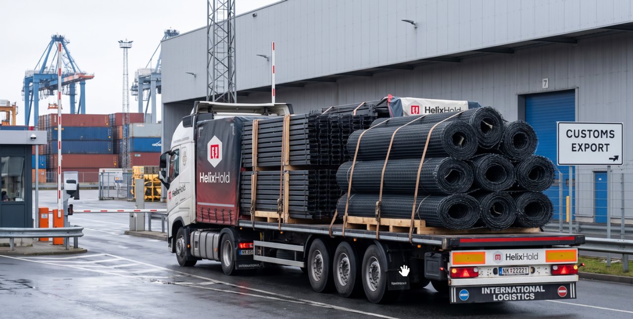 Frame steel and netting loaded for export, leaving for an international project