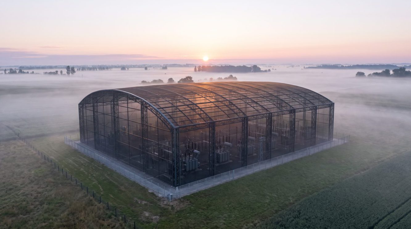 A substation protected by a steel frame and drone net at sunrise