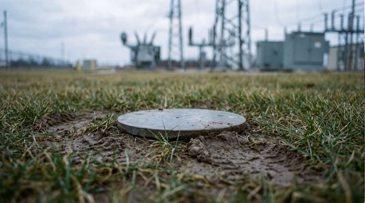 A foundation point capped at ground level, with the site around it clear and in normal use