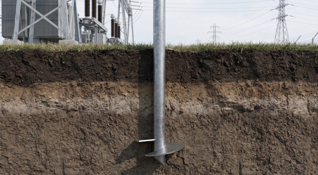 A screw pile cut away below ground, the helical plate anchored in the soil