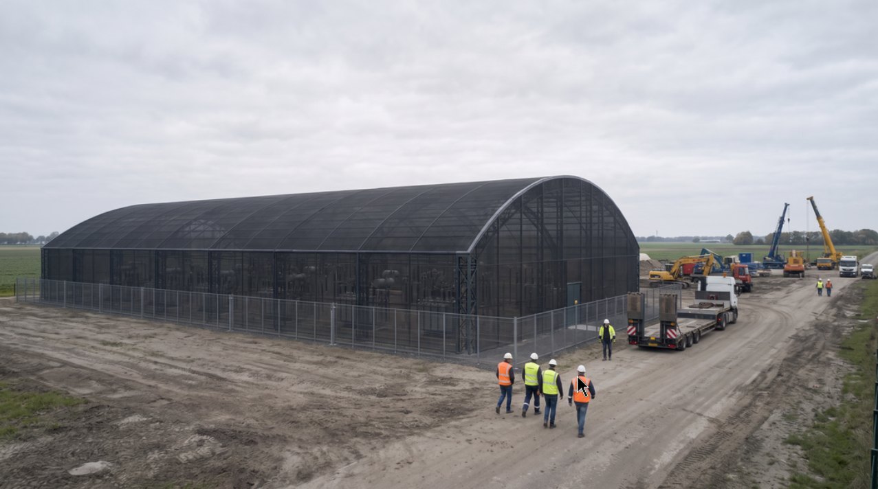 A completed HelixHold structure over a substation, with the site team and delivery transport alongside it