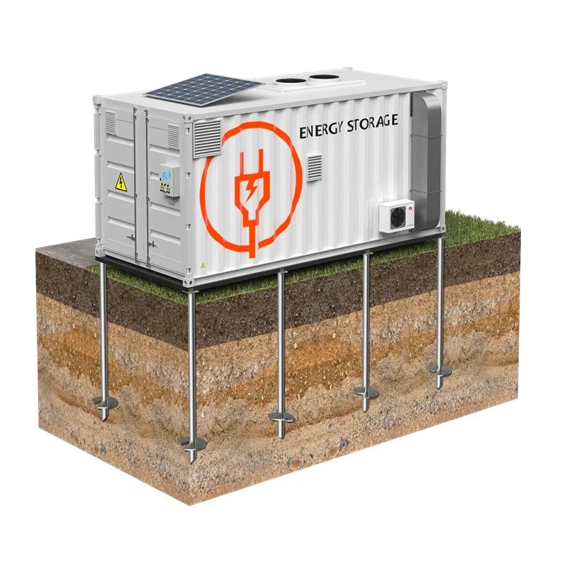 BESS container on a helical pile foundation — cutaway concept render showing piles in soil layers