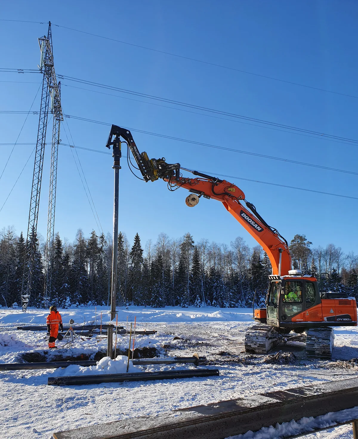 Ruuvipaalun asennus 110 kV voimalinjalla